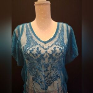Blue Y2k Boutique Sheer Lace Embellished Top Size Sm NWOT